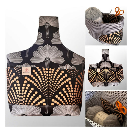 Knitting Bag - Pink with balck autumn leaves