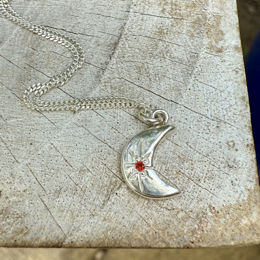 Silver Crescent Moon Necklace with Sapphire
