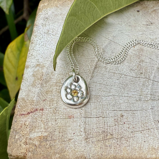 Flower Pendant with Sapphire - Sterling Silver Chain