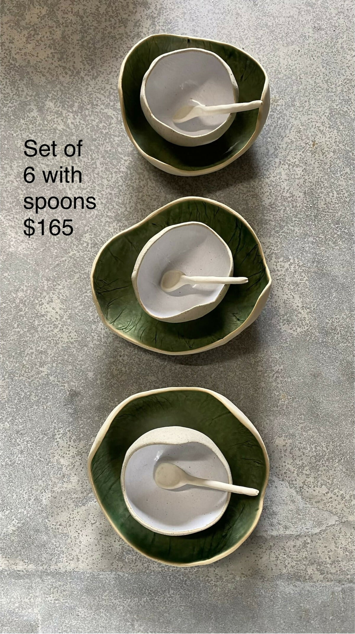 Set of 6 Green and White Pebble Bowls with spoons