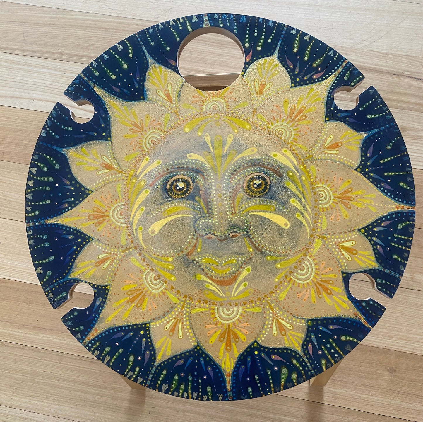 Hand Painted Portable Picnic Table with Drink Holders & carry bag. “Smiling Sun”