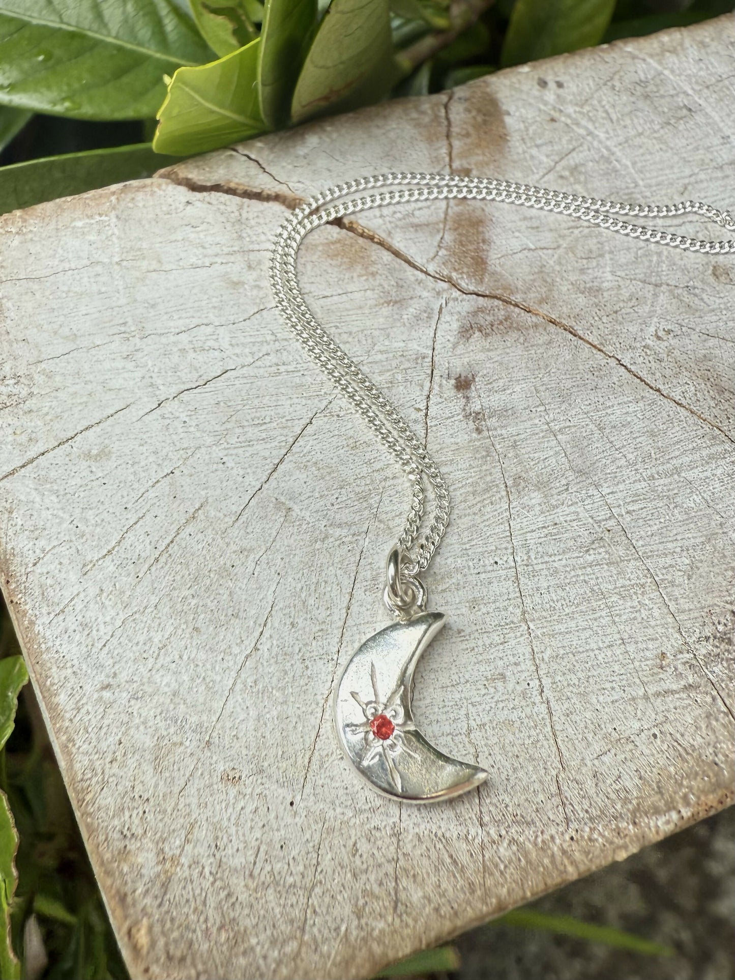 Silver Crescent Moon Necklace with Sapphire