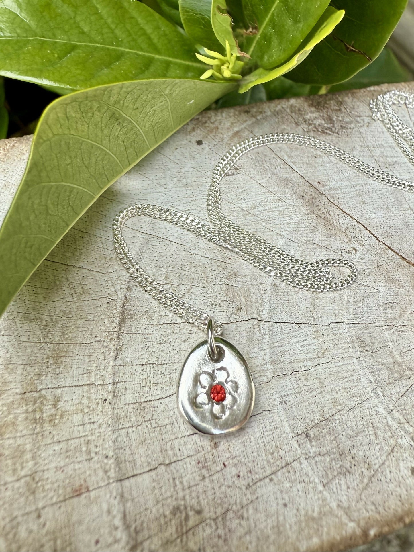 Flower Pendant with Sapphire - Sterling Silver Chain