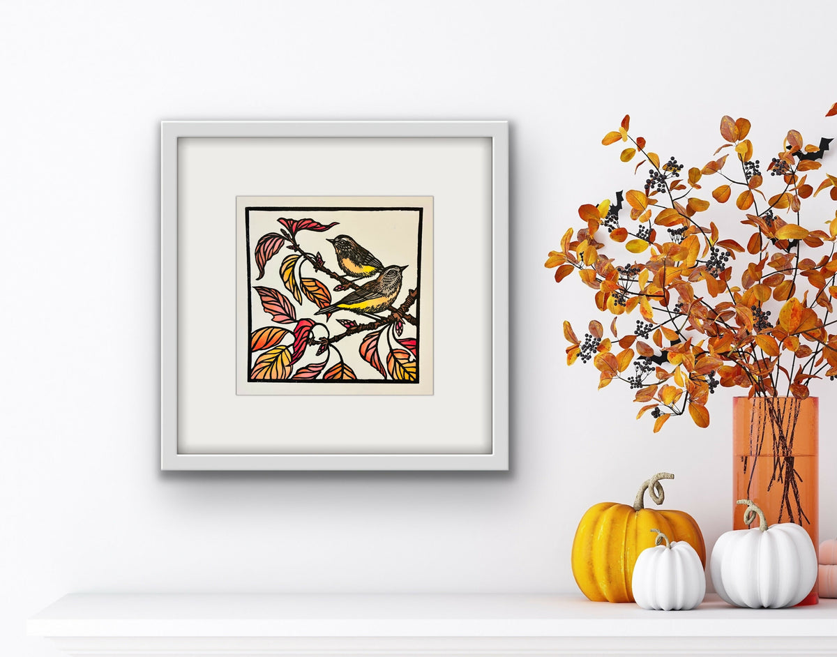 Thornbills and Autumn Pear Linocut
