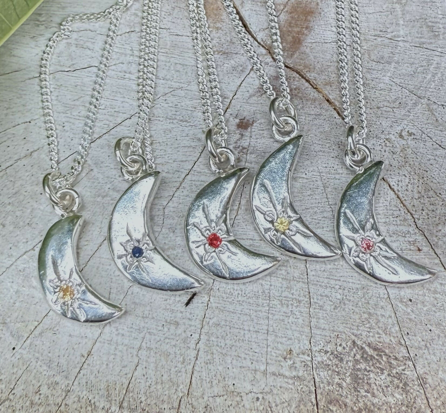 Silver Crescent Moon Necklace with Sapphire