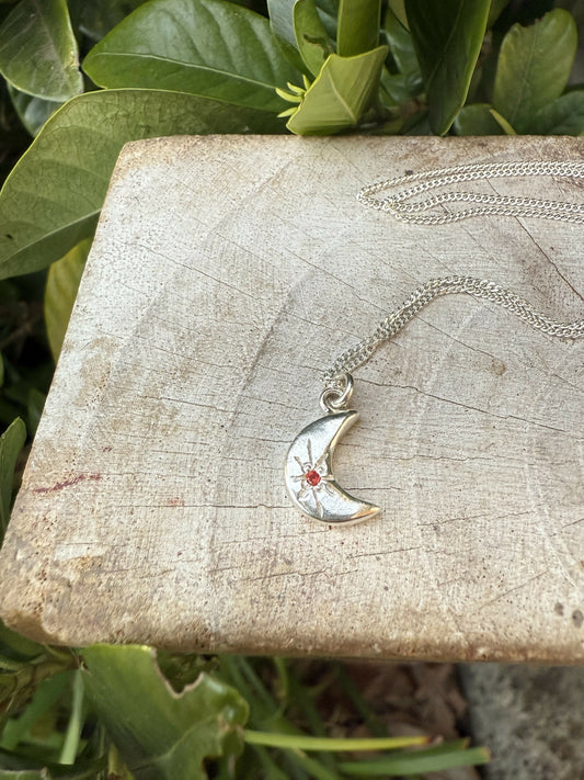 Silver Crescent Moon Necklace with Sapphire