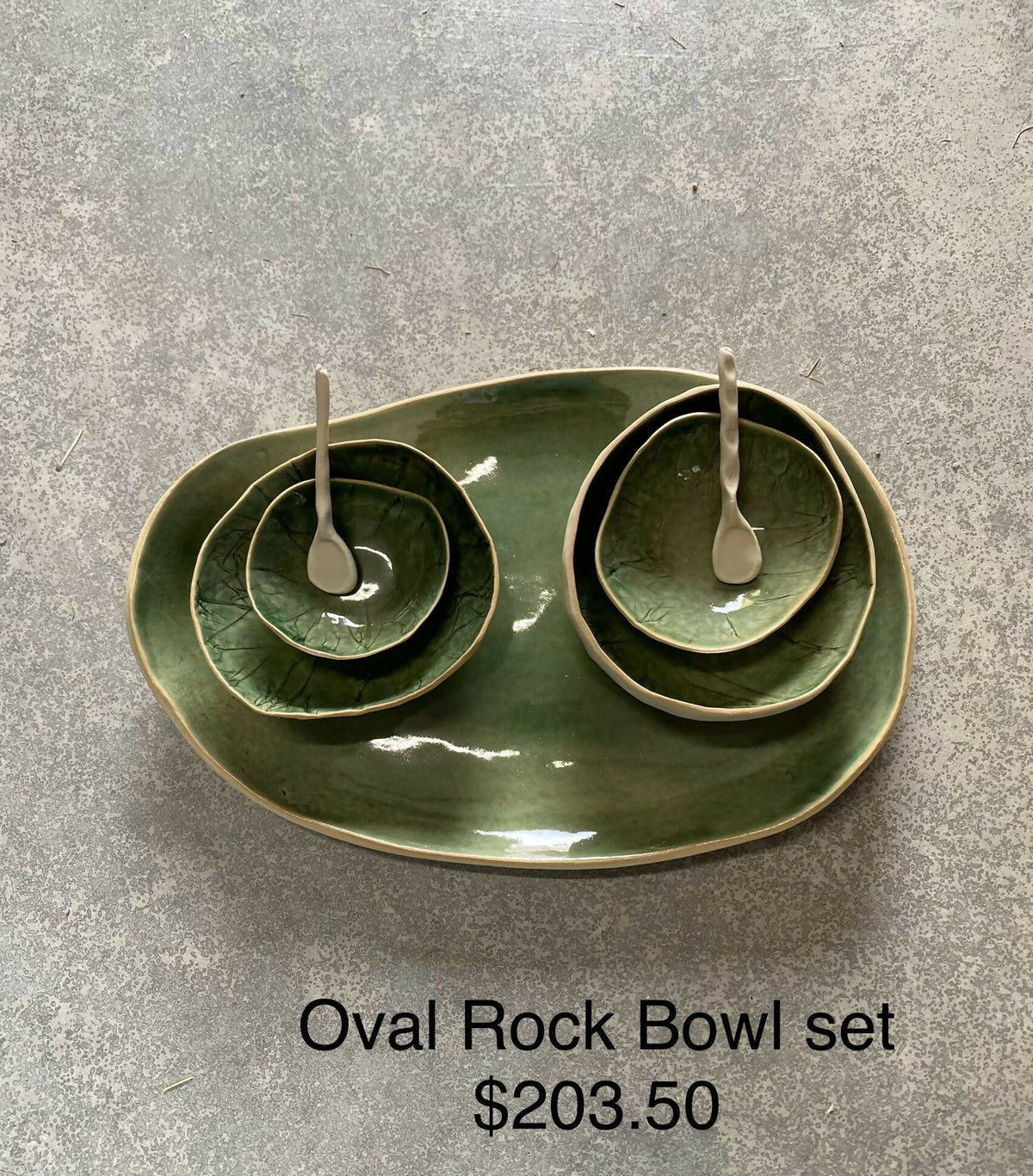 Green Oval Rock Bowls with Spoons