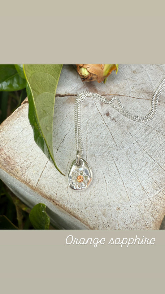 Flower Pendant with Sapphire - Sterling Silver Chain