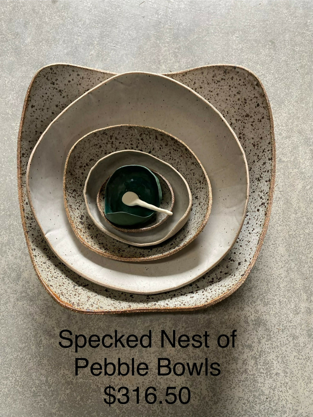Speckled Nest of Pebble Bowls with Teal Eggshell bowl and spoon