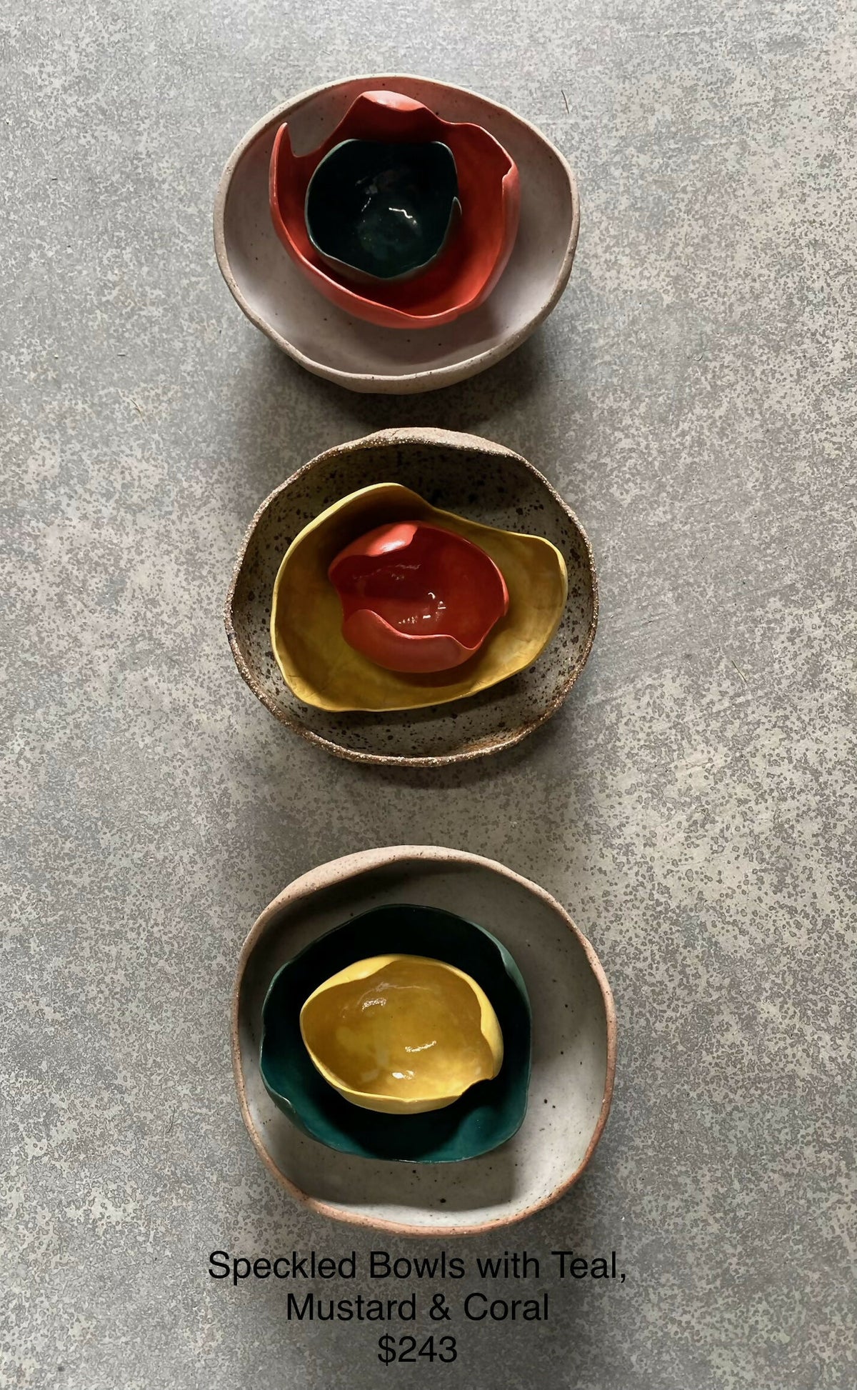 Speckled Bowls with Teal, Coral and Mustard