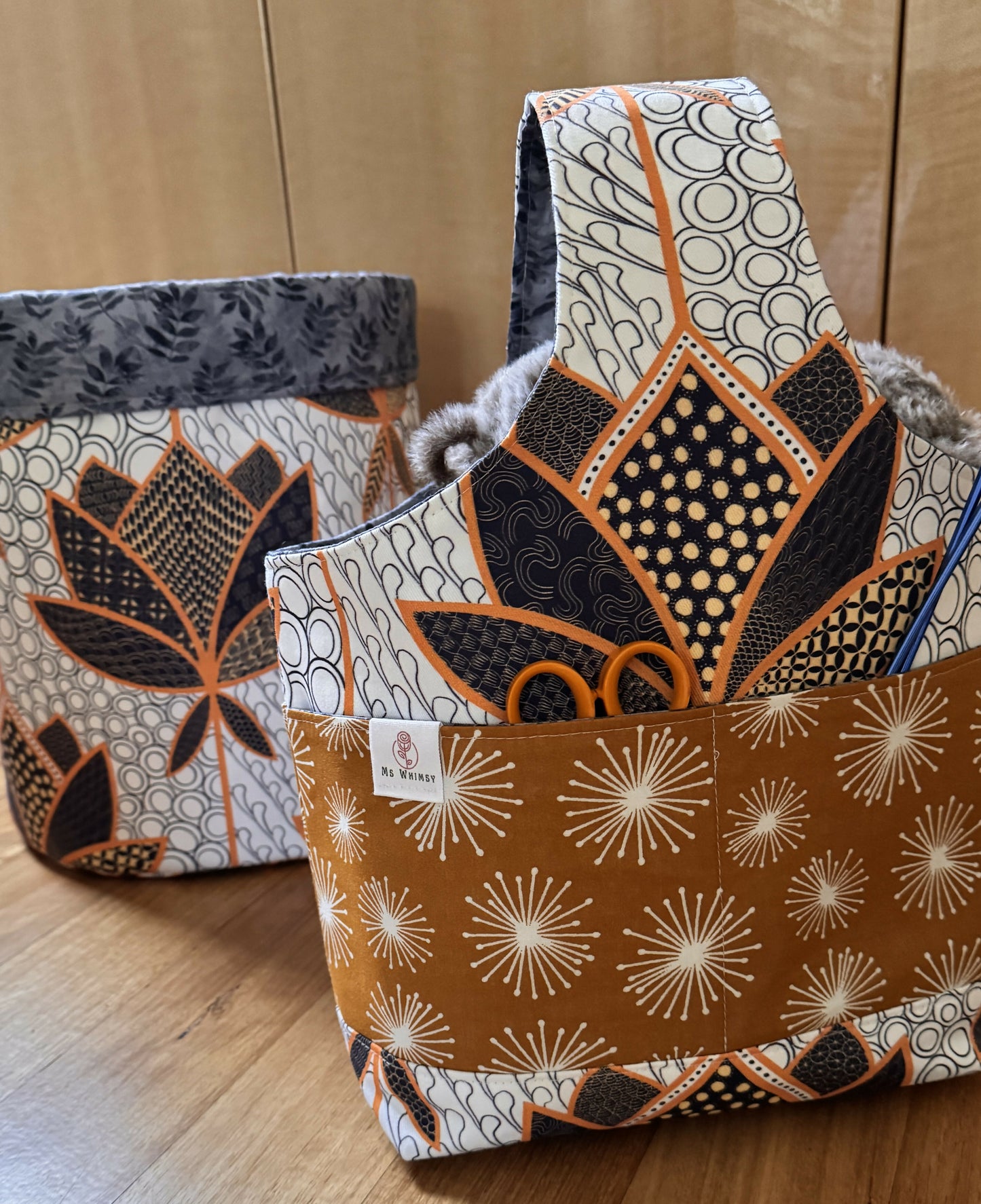 Knitting Bag - Navy Lotus with Mustard Fireworks