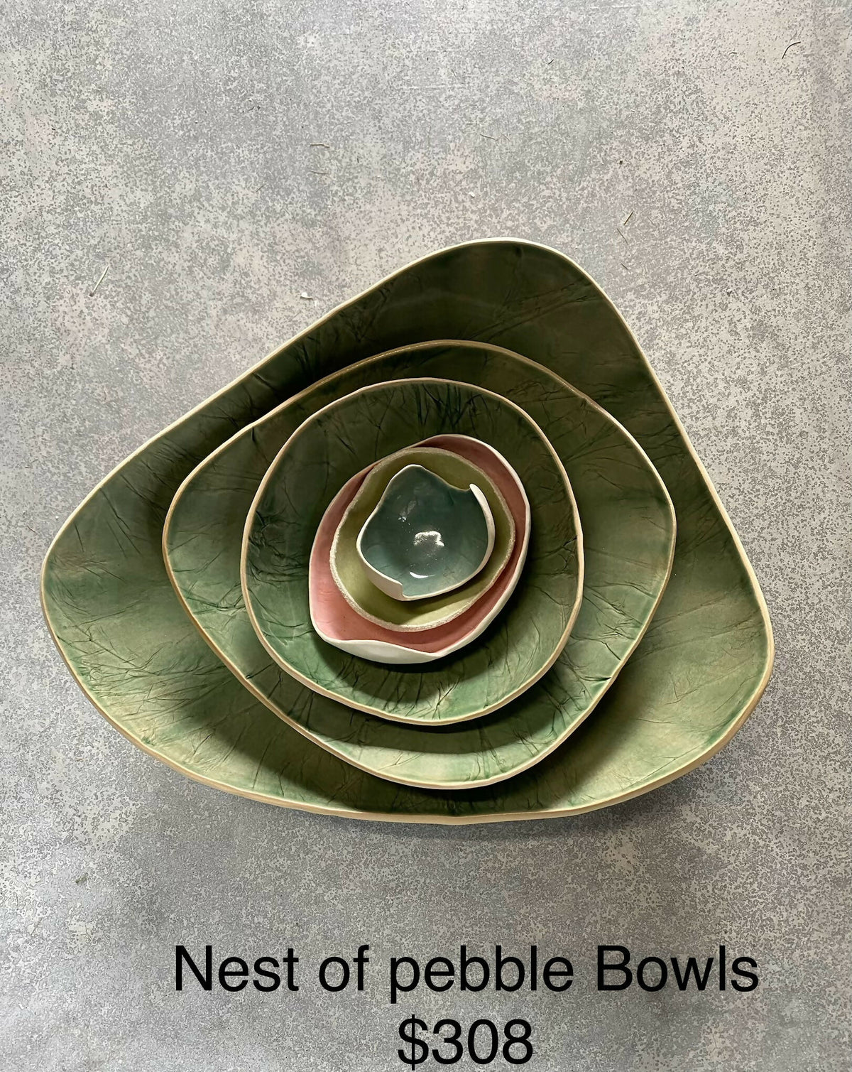 Green Pebble Bowl nest with pink