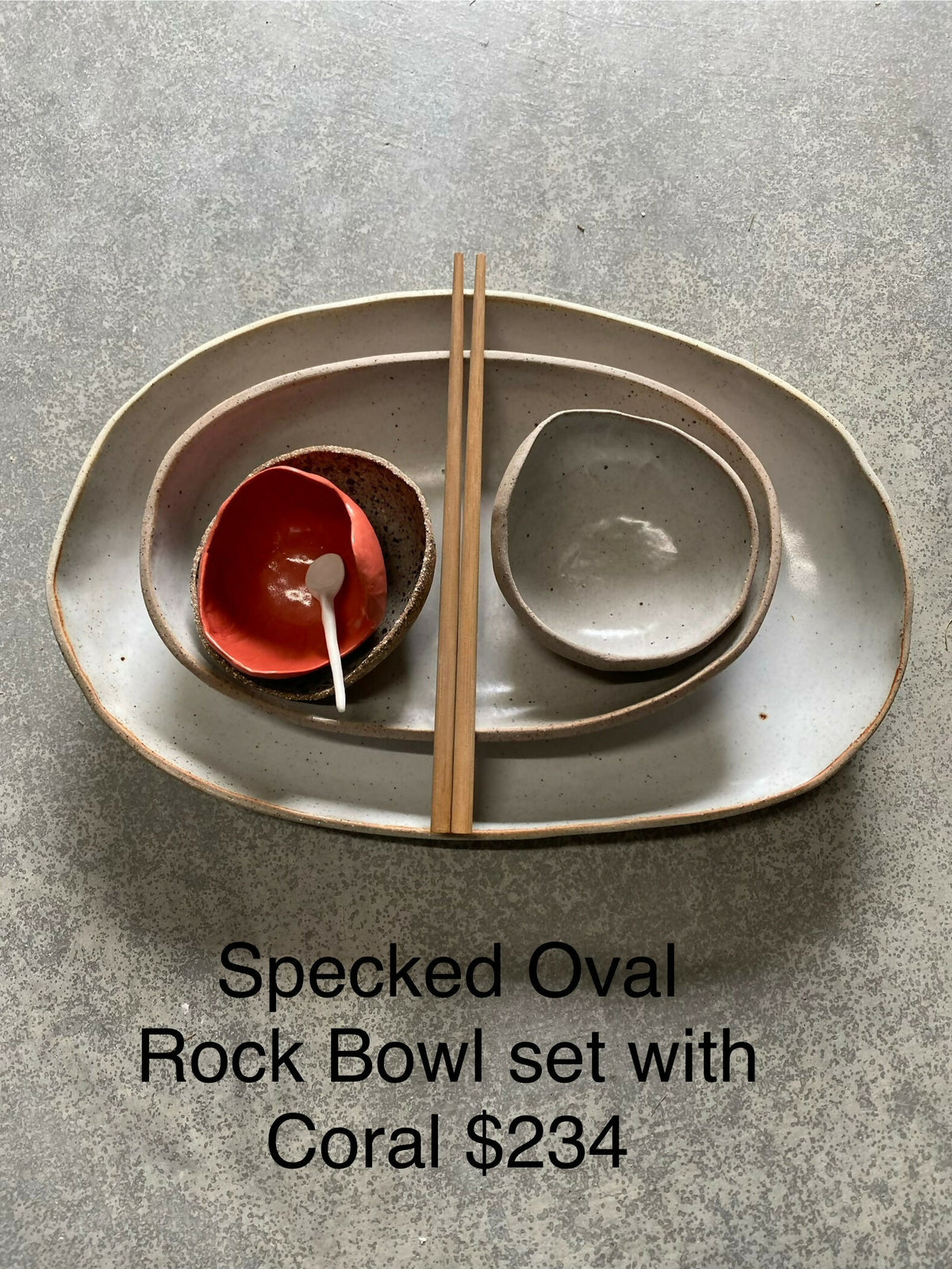 Small Speckle Oval Rock Bowls with Coral and spoon