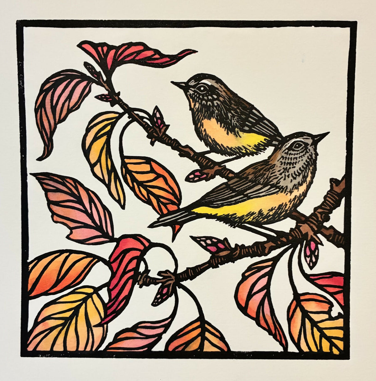 Thornbills and Autumn Pear Linocut