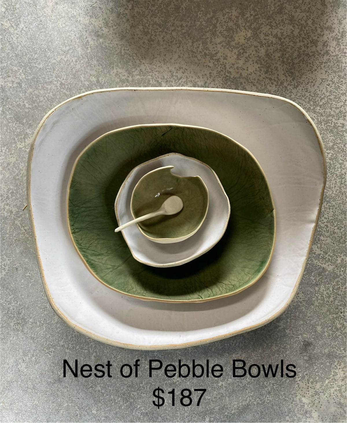 Nest of Pebble Bowls - White with Green