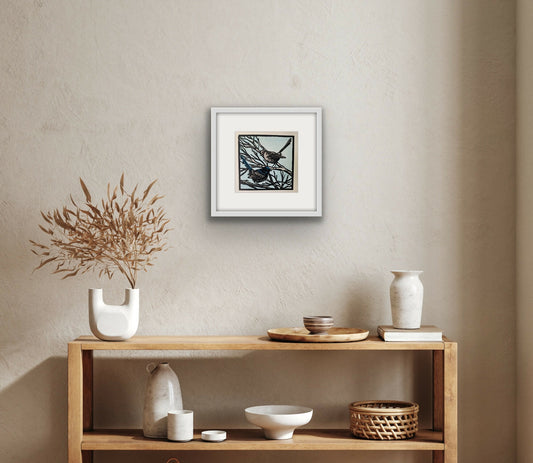Busy Blue Wrens Linocut