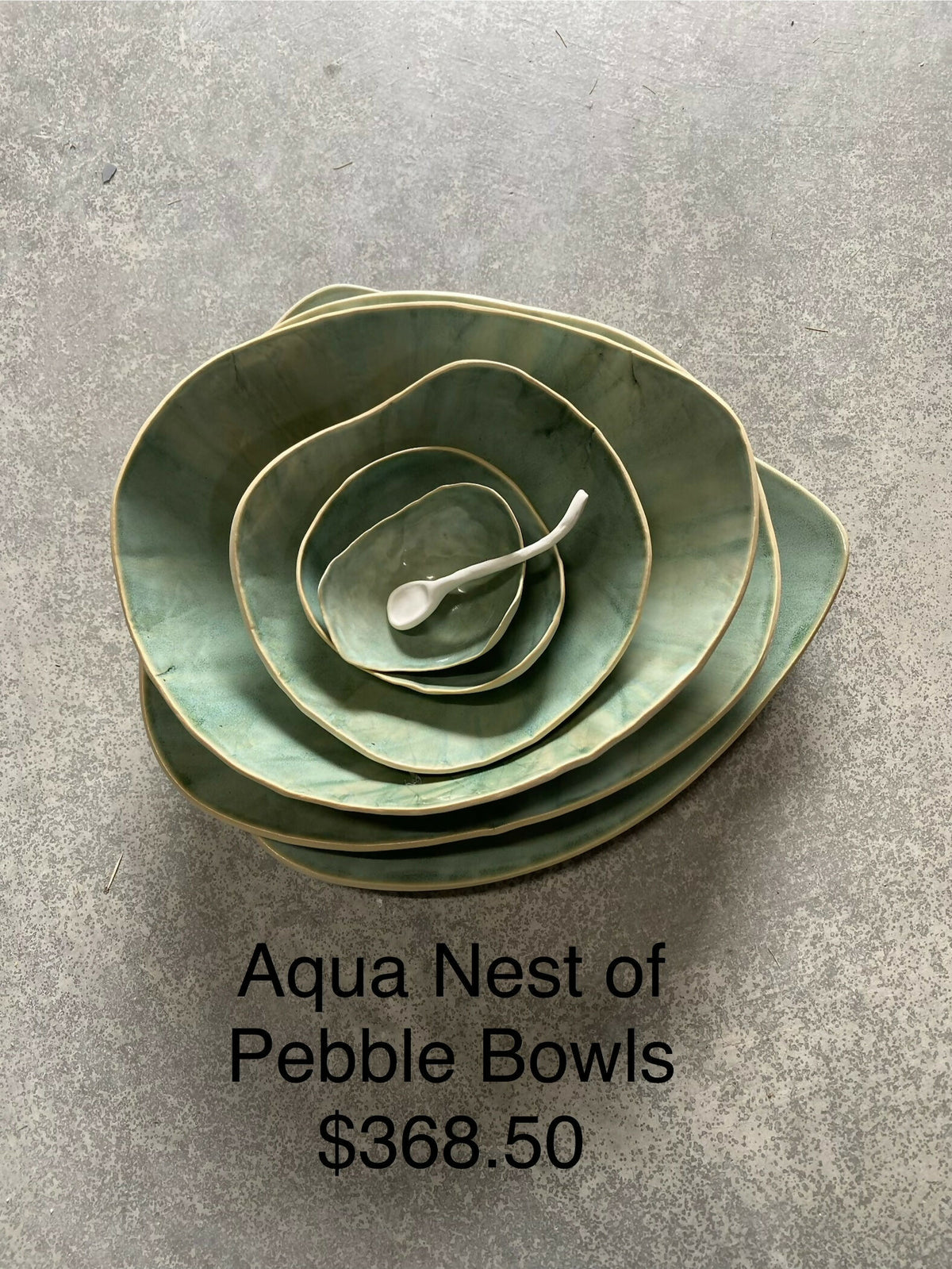 Aqua nest of Pebble Bowls with spoon